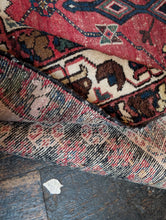 Load image into Gallery viewer, 4'2" x 6'3" - Vintage Tribal Caucasian Hand-Knotted Wool Rug With Animal Border - Red, Navy & Ivory - 128 x 190 cm