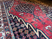 Load image into Gallery viewer, 4'2" x 6'3" - Vintage Tribal Caucasian Hand-Knotted Wool Rug With Animal Border - Red, Navy & Ivory - 128 x 190 cm