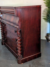 Load image into Gallery viewer, Antique Flame Mahogany Ogee Chest Of Drawers With Barley Twist Columns & Secret Latch Drawer – 129 x 60 x 120cm
