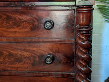 Load image into Gallery viewer, Antique Flame Mahogany Ogee Chest Of Drawers With Barley Twist Columns & Secret Latch Drawer – 129 x 60 x 120cm