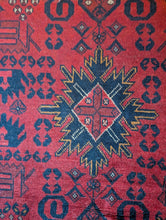Load image into Gallery viewer, 3'1" x 4'9" - Vintage Afghan Tribal Hand-Knotted Wool Rug - Red & Navy Medallion - 94 x 146 cm