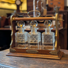 Load image into Gallery viewer, Antique Victorian Oak And Brass Tantalus With Three Cut-Glass Decanters, Working Lock Key - 35 x 33 cm
