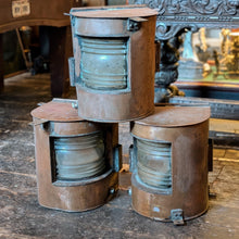 Load image into Gallery viewer, 3 Large Vintage Ship’s Copper Ribbed Glass Light Housings / Nautical Lanterns