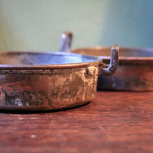 Load image into Gallery viewer, Pair Of Antique Copper Mini Pans With Riveted Handles Rustic Kitchenalia 10cm Diameter