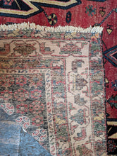 Load image into Gallery viewer, 4'2" x 6'3" - Vintage Tribal Caucasian Hand-Knotted Wool Rug With Animal Border - Red, Navy & Ivory - 128 x 190 cm