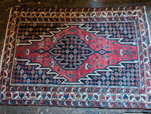 Load image into Gallery viewer, 4'2" x 6'3" - Vintage Tribal Caucasian Hand-Knotted Wool Rug With Animal Border - Red, Navy & Ivory - 128 x 190 cm