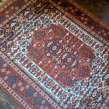 Load image into Gallery viewer, 4'2" x 6'2" - Vintage Middle Eastern Tribal Heriz Hand-Knotted Wool Rug - Brick Red, Ivory & Navy - 128 x 187 cm