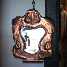 Load image into Gallery viewer, Antique Arts And Crafts Hammered Copper Wall Mirror With Shelf, Circa 1910 - 11 13/16" X 14 3/8" (30 X 36.5 Cm)