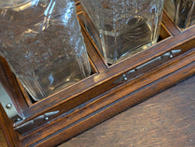 Load image into Gallery viewer, Antique Victorian Oak And Brass Tantalus With Three Cut-Glass Decanters, Working Lock Key - 35 x 33 cm