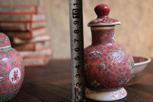 Load image into Gallery viewer, Vintage Chinese Pink Chinoiserie Lidded Ginger Jars & Stoppered Bottle Trio