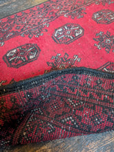 Load image into Gallery viewer, 2'7" X 4'4" - Vintage Afghan Turkoman Bokhara-Style Hand-Knotted Wool Rug - Madder Red & Charcoal - 79 X 132 Cm