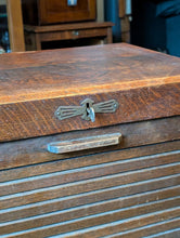 Load image into Gallery viewer, Antique Oak Tambour Filing Cabinet – Roll-Top Office Drawer Unit with Brass Fittings – 110 x 50 x 41 cm