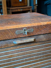 Load image into Gallery viewer, Antique Oak Tambour Filing Cabinet – Roll-Top Office Drawer Unit with Brass Fittings – 110 x 50 x 41 cm