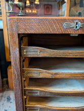Load image into Gallery viewer, Antique Oak Tambour Filing Cabinet – Roll-Top Office Drawer Unit with Brass Fittings – 110 x 50 x 41 cm