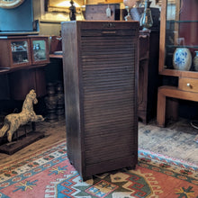 Load image into Gallery viewer, Antique Oak Tambour Filing Cabinet – Roll-Top Office Drawer Unit with Brass Fittings – 110 x 50 x 41 cm