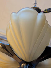 Load image into Gallery viewer, Vintage Art Deco Shell Flower Pendant Light With Frosted Glass Shades, 4-Light Brass Tone Chandelier