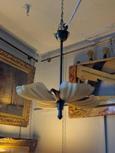 Load image into Gallery viewer, Vintage Art Deco Shell Flower Pendant Light With Frosted Glass Shades, 4-Light Brass Tone Chandelier