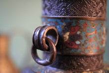 Load image into Gallery viewer, Antique Japanese Meiji Period Champlevé Enamel Vase With Bird Panel & Elephant Band, Ring Handles, 21cm 8.27in