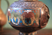Load image into Gallery viewer, Antique Japanese Meiji Period Champlevé Enamel Vase With Bird Panel & Elephant Band, Ring Handles, 21cm 8.27in