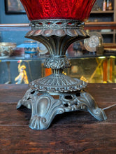 Load image into Gallery viewer, 1950's Large Carl Falkenstein Table Lamp With Ruby Red Embossed Glass Shade - Rewired