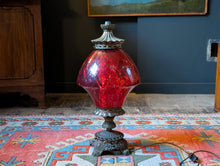 Load image into Gallery viewer, 1950's Large Carl Falkenstein Table Lamp With Ruby Red Embossed Glass Shade - Rewired