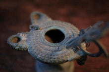 Load image into Gallery viewer, Antique Romanesque Bronze Oil Lamp With Chi-Rho Cross & Bird Finial