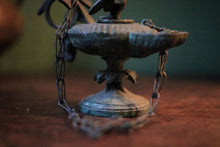 Load image into Gallery viewer, Antique Romanesque Bronze Oil Lamp With Chi-Rho Cross & Bird Finial