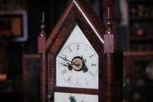 Load image into Gallery viewer, Antique Jerome & Co Alarm Steeple Mantel Clock - Gothic Revival Rose Glass - Working American Shelf Clock, 39cm