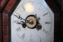 Load image into Gallery viewer, Antique Jerome & Co Alarm Steeple Mantel Clock - Gothic Revival Rose Glass - Working American Shelf Clock, 39cm