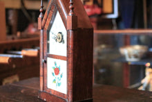Load image into Gallery viewer, Antique Jerome & Co Alarm Steeple Mantel Clock - Gothic Revival Rose Glass - Working American Shelf Clock, 39cm