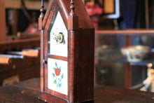 Load image into Gallery viewer, Antique Jerome & Co Alarm Steeple Mantel Clock - Gothic Revival Rose Glass - Working American Shelf Clock, 39cm