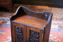 Load image into Gallery viewer, Antique Arts and Crafts Carved Oak Smoker’s / Pipe Cabinet C.1910