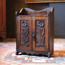 Load image into Gallery viewer, Antique Arts and Crafts Carved Oak Smoker’s / Pipe Cabinet C.1910