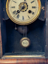 Load image into Gallery viewer, Antique Mantel Clock With Walnut Case, Glazed Door, Roman Numeral Dial & Pendulum - Working - 32 x 22 x 9.5cm