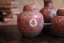 Load image into Gallery viewer, Vintage Chinese Pink Chinoiserie Lidded Ginger Jars & Stoppered Bottle Trio