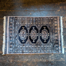 Load image into Gallery viewer, Vintage Bokhara Tribal Hand-Knotted Wool Rug - Inky Navy, Sand & Faded Rose - 62 X 100 Cm