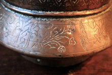 Load image into Gallery viewer, Antique Hand-Engraved Copper Bowl, Middle Eastern Tinned Interior Vessel, 10.5 Cm Tall, 17.5 Cm Diameter