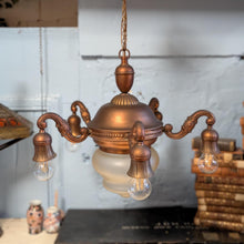 Load image into Gallery viewer, Vintage C.1930 Brass 4-Arm Chandelier With Frosted Etched Glass Bowl Shade - Neoclassical Empire Revival Ceiling Light