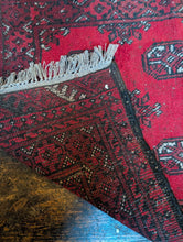 Load image into Gallery viewer, 2'7" X 4'4" - Vintage Afghan Turkoman Bokhara-Style Hand-Knotted Wool Rug - Madder Red & Charcoal - 79 X 132 Cm