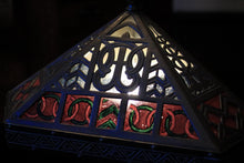 Load image into Gallery viewer, Antique Arts And Crafts Stained Glass Table Lamp - Pierced Metal Prairie Shade - Red & Green Glass - 60 Cm Tall