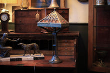 Load image into Gallery viewer, Antique Arts And Crafts Stained Glass Table Lamp - Pierced Metal Prairie Shade - Red & Green Glass - 60 Cm Tall