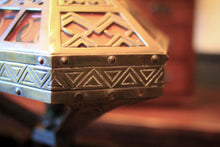 Load image into Gallery viewer, Antique Arts And Crafts Stained Glass Table Lamp - Pierced Metal Prairie Shade - Red & Green Glass - 60 Cm Tall