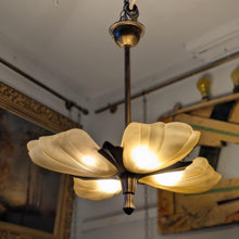 Load image into Gallery viewer, Vintage Art Deco Shell Flower Pendant Light With Frosted Glass Shades, 4-Light Brass Tone Chandelier