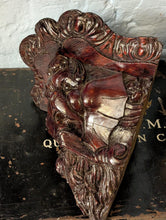Load image into Gallery viewer, Antique Carved Wooden Corner Wall Brackets Pair - Gothic Revival Grotesque Mask Corbels - 21cm Tall x 23cm
