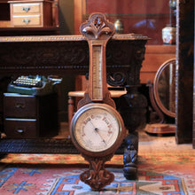 Load image into Gallery viewer, Antique Carved Wooden Barometer & Thermometer - Weather Station - 1902