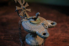 Load image into Gallery viewer, Antique Romanesque Bronze Oil Lamp With Chi-Rho Cross & Bird Finial