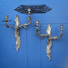 Load image into Gallery viewer, Antique Rococo Revival Wall Sconces – Pair Of Gilt Metal Two-Light Candle Holders
