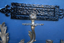 Load image into Gallery viewer, Antique Rococo Revival Wall Sconces – Pair Of Gilt Metal Two-Light Candle Holders