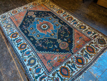 Load image into Gallery viewer, 4'11" x 3'5" - Vintage Kurdish Geometric Wool Rug With Medallion Design - Indigo Blue, Terracotta & Soft Ivory - 152 x 103 cm