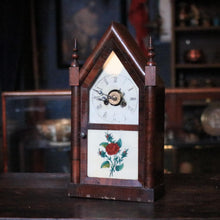 Load image into Gallery viewer, Antique Jerome & Co Alarm Steeple Mantel Clock - Gothic Revival Rose Glass - Working American Shelf Clock, 39cm